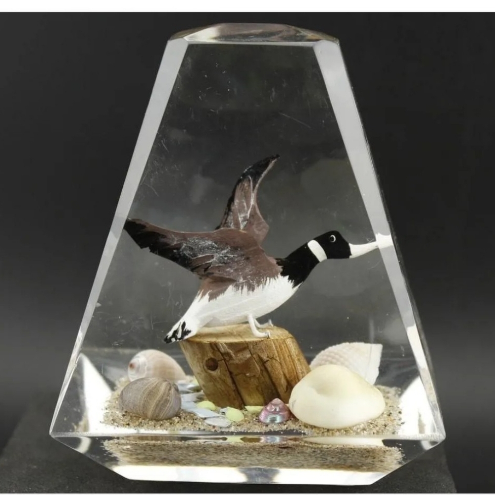 PAPERWEIGHT LUCITE CLEAR CANADIAN GOOSE ON BEACH TREE TRUNK SHELLS VINTAGE‎